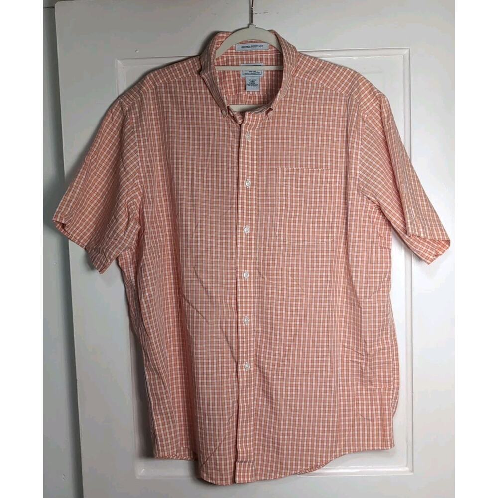L.L. Bean Shirt Orange Gingham Plaid Cotton Traditional Men's L(1082)